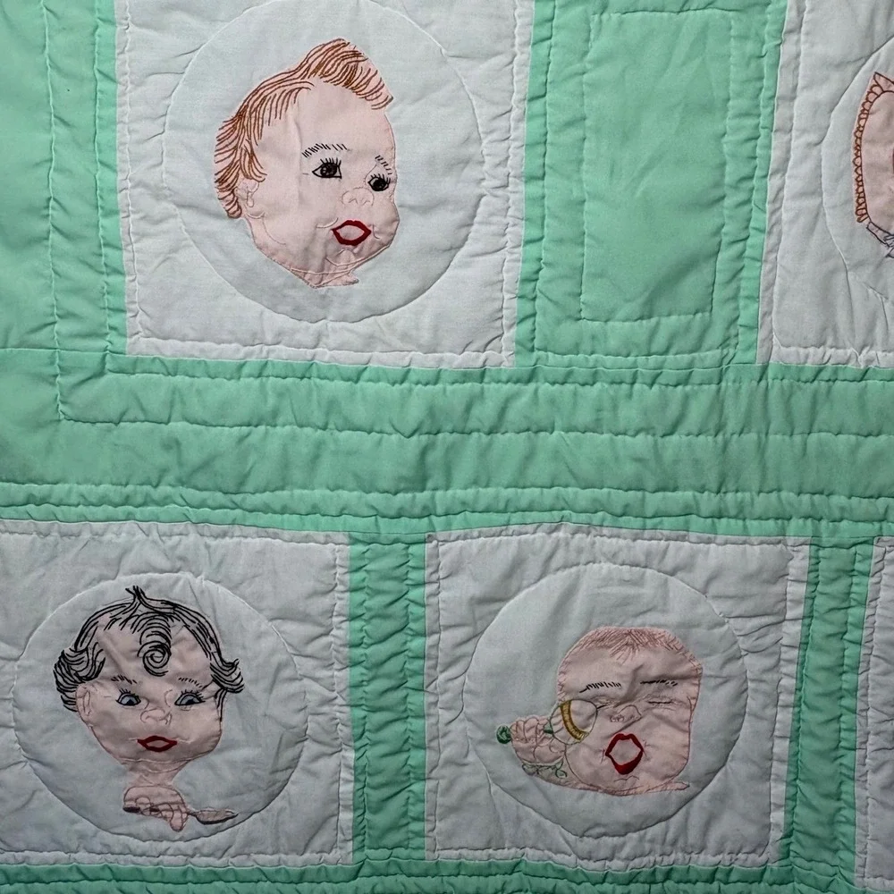 Vtg Kitsch Baby Face Quilt Hand Embroidered Mint Green Mid Century Nursery Boho